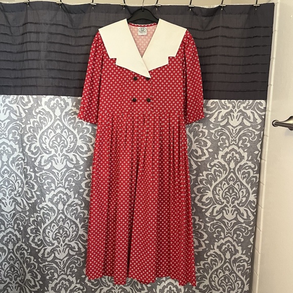 Vintage Laura Ashley Red Polka Dots Floral Red White Dress Amish Prairie Style - Picture 1 of 12